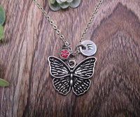 Butterfly Necklace W/ Birthstone Personalized Gift Initial  Gifts For Her Butterfly Jewelry  Nautre Lovers