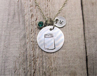 Jar Necklace W/ Birthstone Hand Stamped Initial Mason Jar Jewelry Personalized Gifts Gift Her/ Him