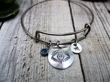 Evil Eye Charm Bracelet W/ Birthstone Hand Stamped Initial Bangle Bracelet Eye Jewelry Gift for Her Birthday Gift