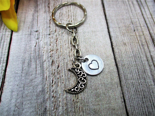 Moon Keychain Crecent Moon  Personalized Gifts For Her / Him Hand Stamped Inital Key Ring