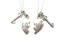 Love Necklace Set, Silver Split Heart Necklace, Key Gifts For /Best Friends /Couples/ Mother Daughter