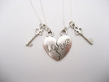 Love Necklace Set, Silver Split Heart Necklace, Key Gifts For /Best Friends /Couples/ Mother Daughter